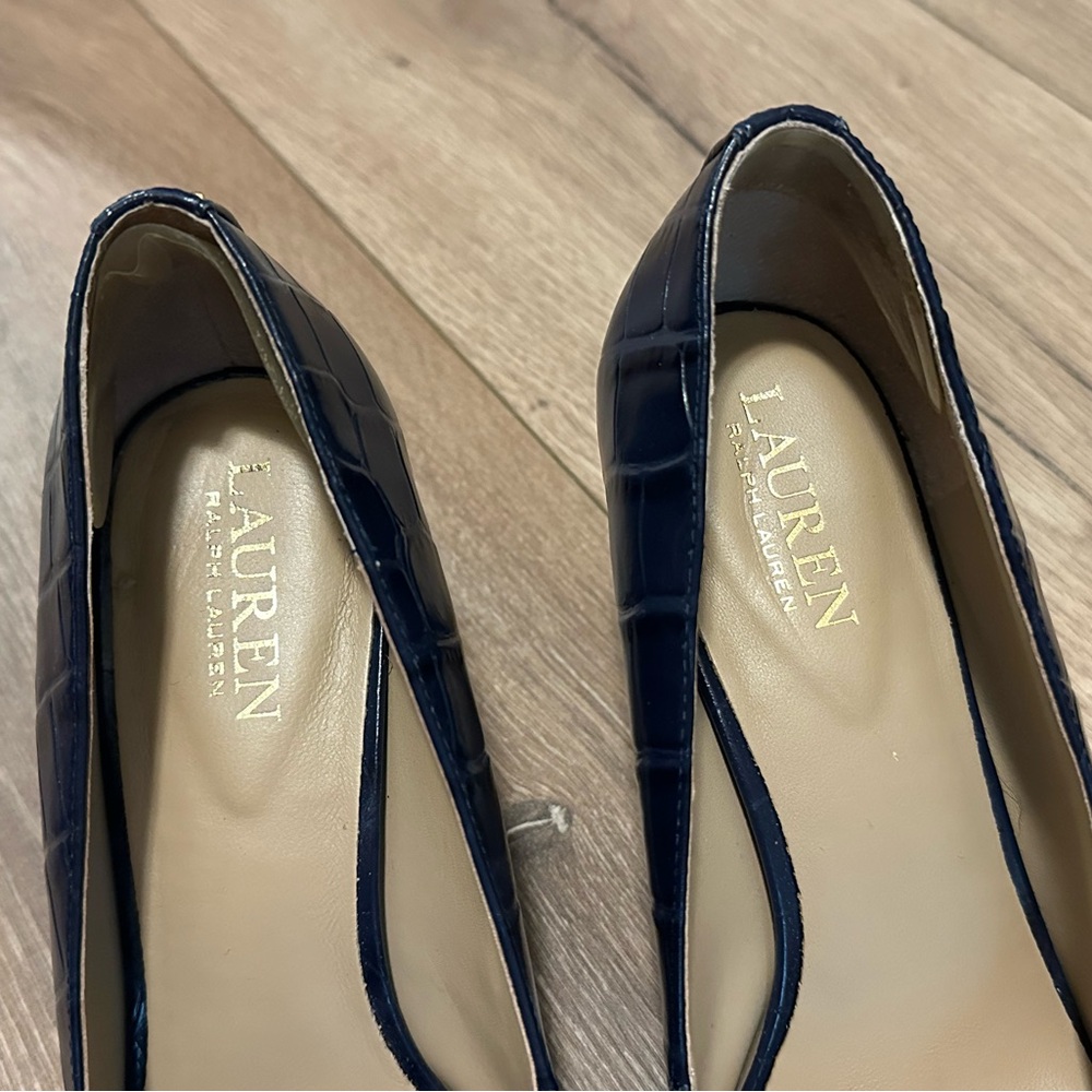 Lauren Ralph Lauren Lanette Navy Croc-Embossed Leather Pointed-Toe Heels - Picture 2 of 7